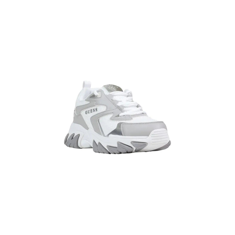 Guess Damen-Sneaker, grau, aus Polyester-Polyurethan, Schnürung, mit einem markanten, mehrlagigen Design in Weiß und Silber sowie Logo