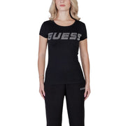 Black guess women t-shirt made of cotton lycra with sparkling silver lettering on the chest and round neck design