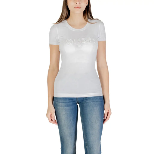 Weiß Guess Kurzarm-T-Shirt aus Baumwolle für Damen mit Rundhalsausschnitt und erhabenem silbernen Logo-Schriftzug auf der Brust