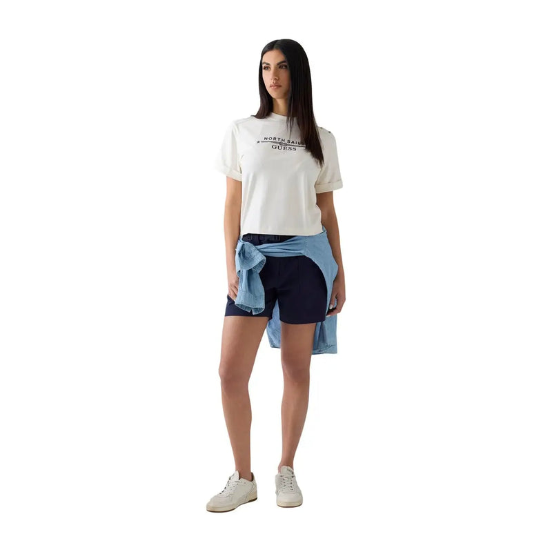 Guess Weißes Damen-T-Shirt aus Baumwolle mit kurzen Ärmeln, Rundhalsausschnitt und Nordsegel guess Logo in Schwarz auf der Brust aufgedruckt