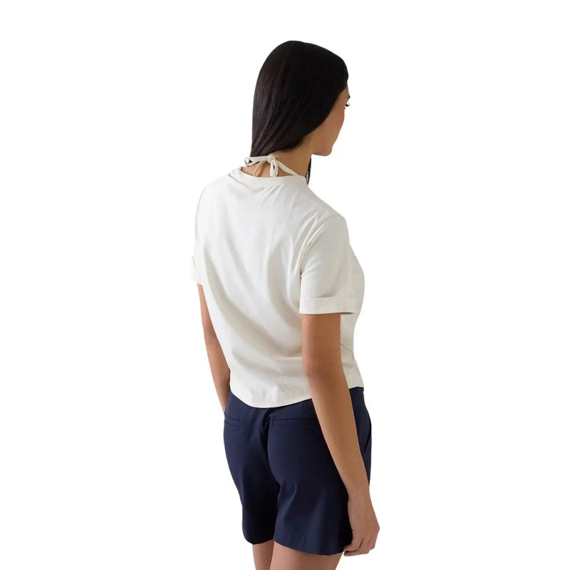 Guess Weißes Damen-T-Shirt aus Baumwolle mit kurzen Ärmeln, Rundhalsausschnitt und Bindeband im Rücken, von der Rückseite gesehen