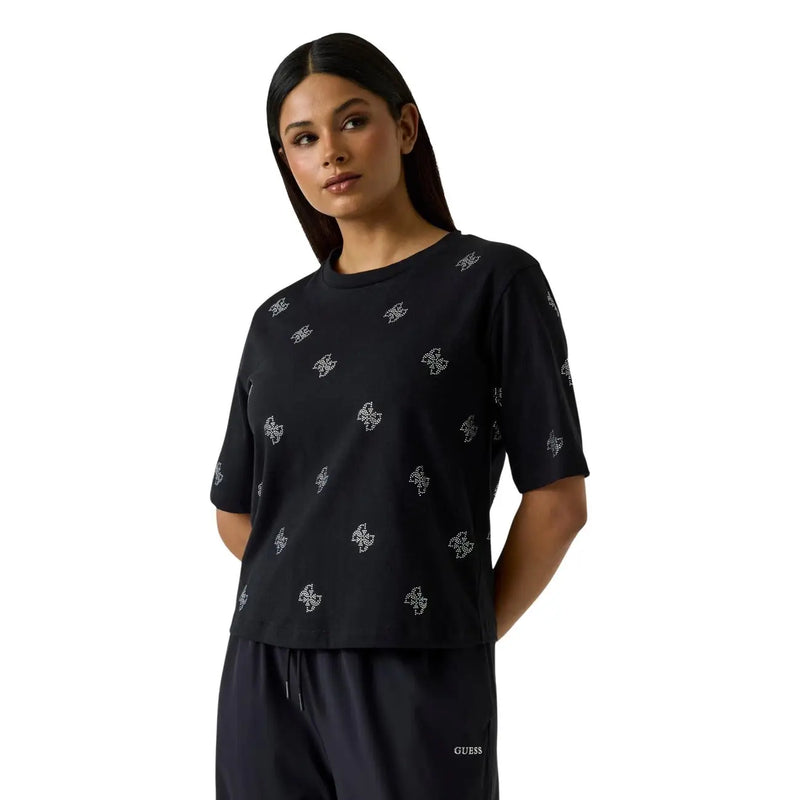 Schwarz guess Damen Kurzarm top mit dezentem weißen Logomuster, aus Baumwolle für Freizeitkleidung