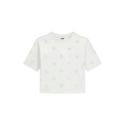Guess Weißes, kurzes Baumwoll-T-Shirt für Damen mit Strasssteinen, dezenten silbernen Glitzermustern und Rundhalsausschnitt