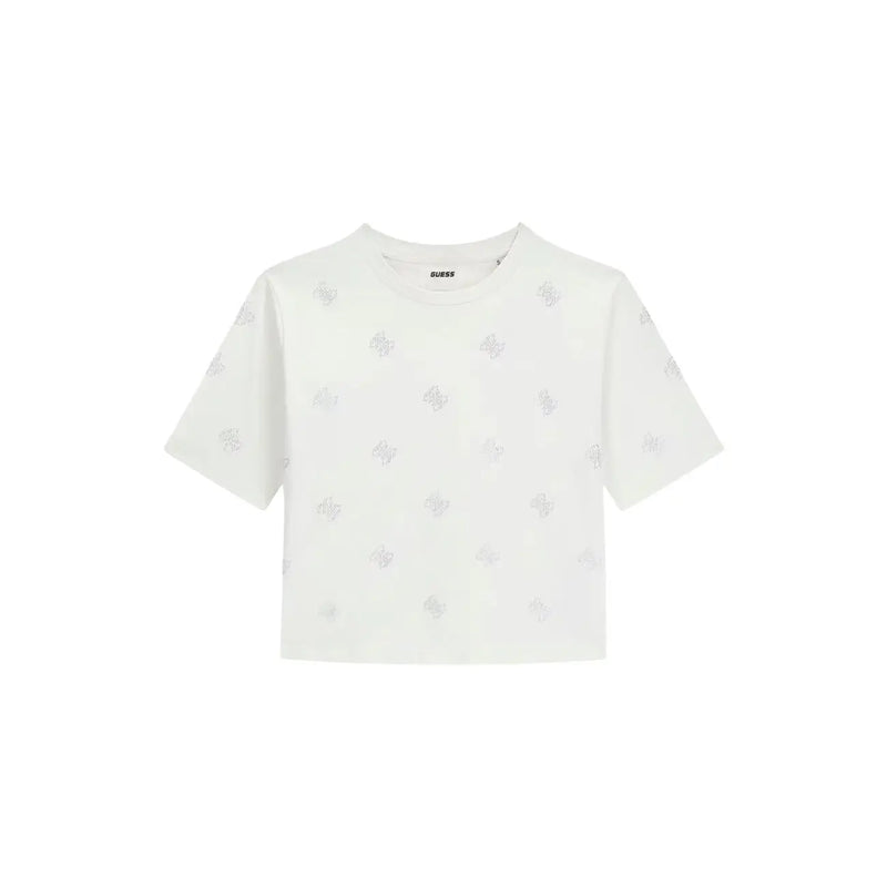 Guess Weißes, kurzes Baumwoll-T-Shirt für Damen mit Strasssteinen, dezenten silbernen Glitzermustern und Rundhalsausschnitt