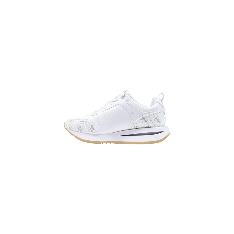 Guess Weiße Damen-Sneaker aus Polyurethan von Evory mit dezentem grauen Logomuster und hellbeiger Gummisohle