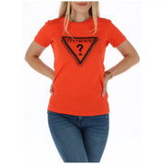 Leuchtendes Orange Guess Damen-T-Shirt aus Baumwolle mit Rundhalsausschnitt, schwarzem dreieckigem Logo und Fransen auf der Vorderseite