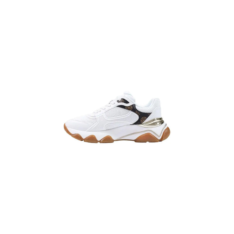 Guess Weiße Damen-Sneaker mit beigefarbenem, klobigem Design, schwarzen Musterakzenten und goldfarbenem Fersendetail aus Polyurethan.