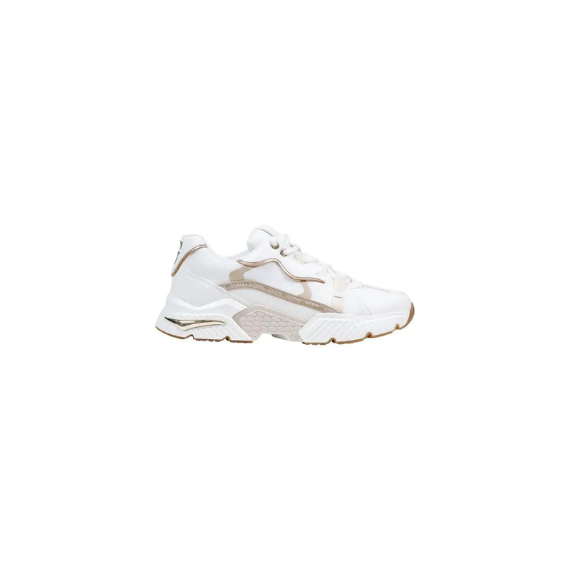 Guess Weiße Damen-Sneaker mit metallisch-goldenen Akzenten, klobiger Polyurethan-Mischung, Schnürung und profilierter Gummisohle