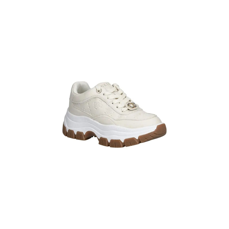 cremefarben Guess Weiße Damen-Sneaker aus Polyurethan mit klobiger weiß-brauner Sohle und metallischen Ösen
