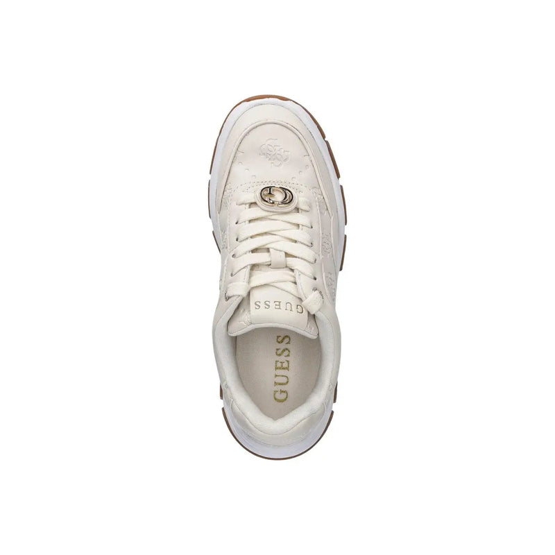 Guess Weiße Damen-Sneaker mit strukturiertem Polyurethan-Obermaterial, metallischen Logo-Akzenten und kontrastierender brauner Gummisohle