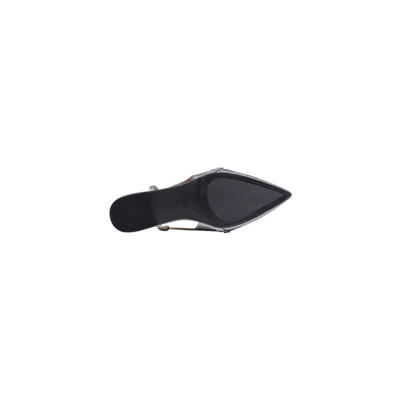 Guess Grauer Damen-Slipper mit Schleife, spitzer Zehenpartie, silbermetallic, schwarzer Gummisohle und dünnem Knöchelriemen