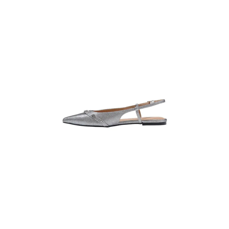 Guess Grauer, silberfarbener Metallic-Leder-Slingback-Ballerina für Damen mit spitzer Zehenpartie und dezenten Verzierungen