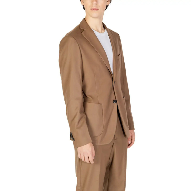 Hamaki-ho men beige polyester blazer with lapel collar tan single button closure and subtle stitching details