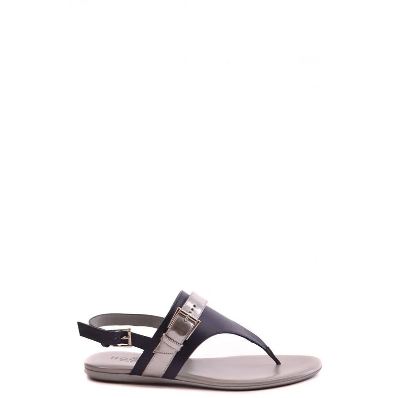 Hogan Damen-Ledersandalen, mehrfarbig, mit schwarzem und silbernem Zehenstegdesign und Metallschnalle