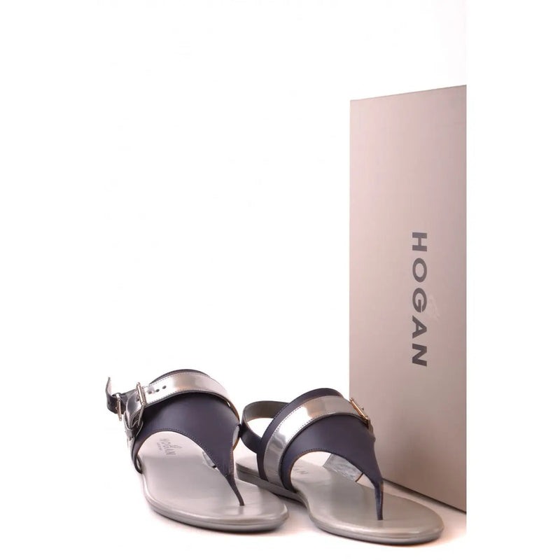 Hogan Damen-Ledersandalen, marineblau und silber, Zehensteg-Stil mit metallischer Schnalle, mehrfarbige Schleife