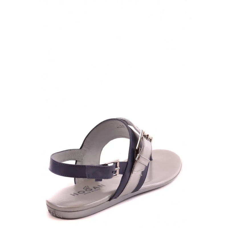 Hogan Damen-Ledersandalen in Silber und Marineblau mit metallischen Schnallendetails und mehrfarbigem Schleifendesign