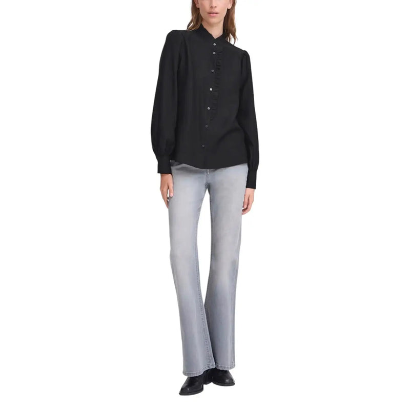 Ichi Schwarze Damenbluse mit Stehkragen und Puffärmeln aus Viskosemischung, ideal für formelle und legere Anlässe