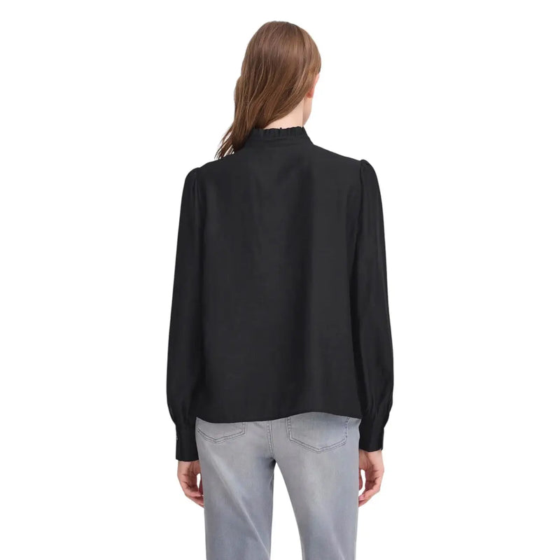 Schwarze Satinbluse von ichi Damenkleid mit hohem Rüschenkragen, Puffärmeln und Viskosemischgewebe