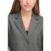 Ichi Grauer Damenblazer aus Polyester mit strukturiertem Stoff, langem V-Ausschnitt, Reverskragen und aufgesetzten Taschen.