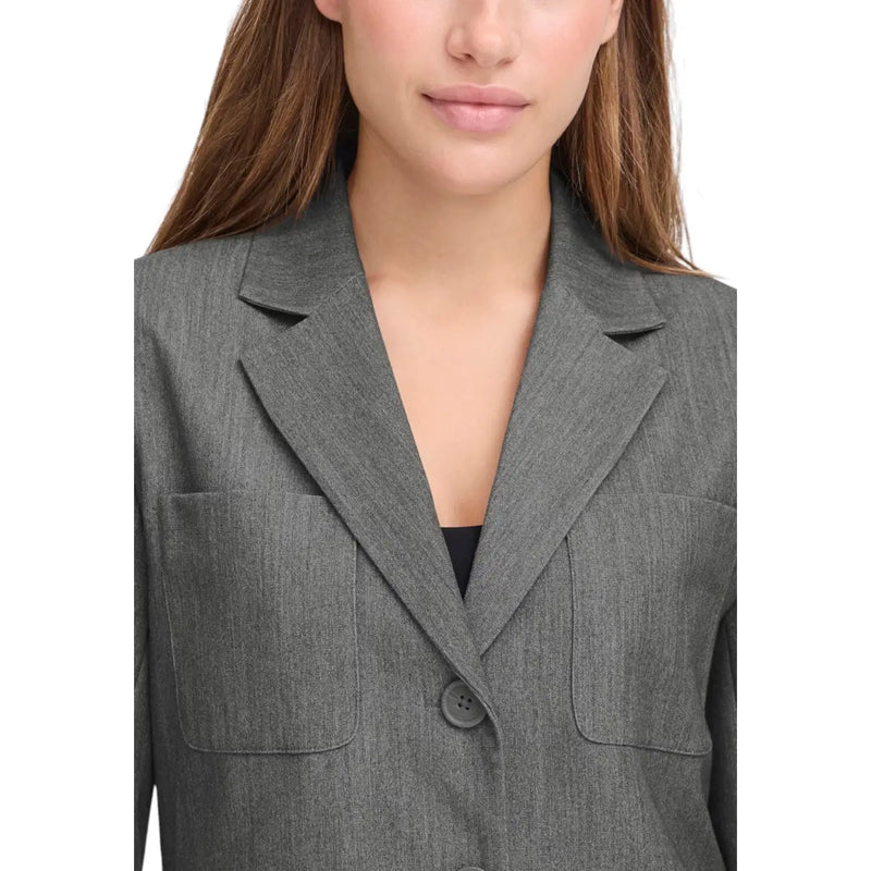 Ichi Grauer Damenblazer aus Polyester mit strukturiertem Stoff, langem V-Ausschnitt, Reverskragen und aufgesetzten Taschen.