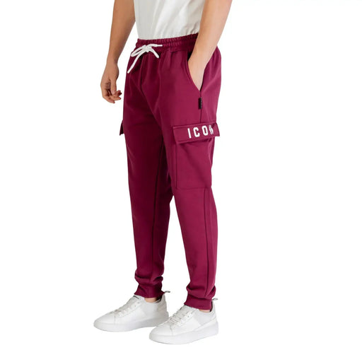 Icon Herren Winterhose aus bordeauxfarbenem Baumwollmischgewebe, kastanienbraune Cargo-Jogginghose mit weißem Kordelzug und icon Markenlogo auf der Seitentasche
