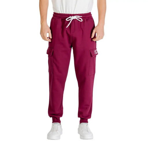 Icon Herren-Winterhose aus bordeauxrotem Baumwollmischgewebe, Cargohose mit weißem Kordelzugbund und Seitentaschen