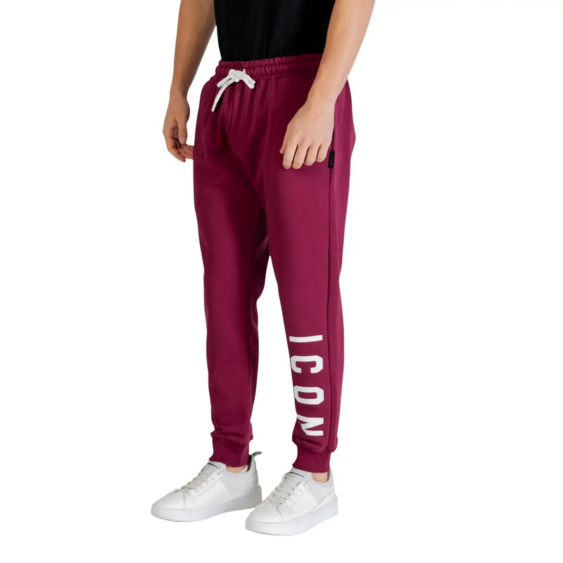 Icon Herren-Jogginghose aus bordeauxroter Baumwolle für den Winter, mit weißem Kordelzug und vertikalem Muster icon Schriftzug am Bein