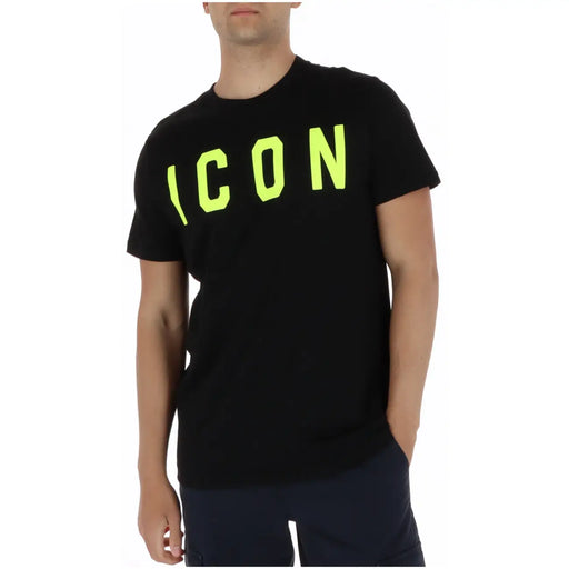 Black short sleeve cotton t shirt with bold neon green icon lettering across the chest iut001 model