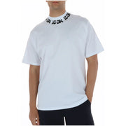 Schwarzes weißes Herren-T-Shirt aus Baumwolle mit Rundhalsausschnitt icon Schriftzug um den Kragen, Kurzarmdesign