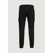 Black cargo pants by jack & jones featuring side pockets and buttoned back pockets in a cotton blend fabric