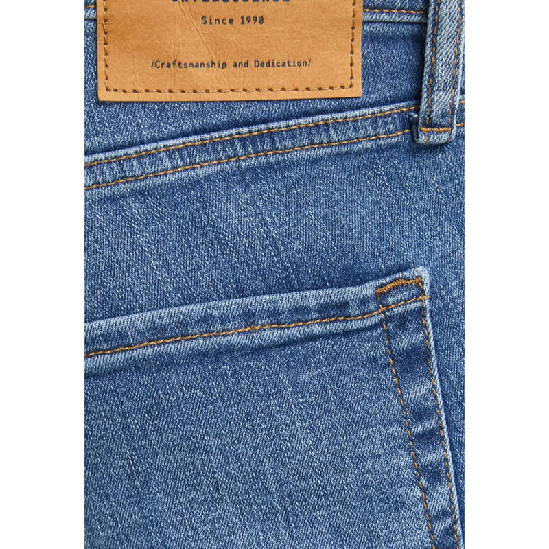 Jack & jones blue men’s denim jeans with worn out effect and tan leather patch on the back side