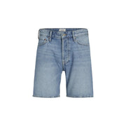 Light blue denim shorts with a classic five-pocket design and button fly.