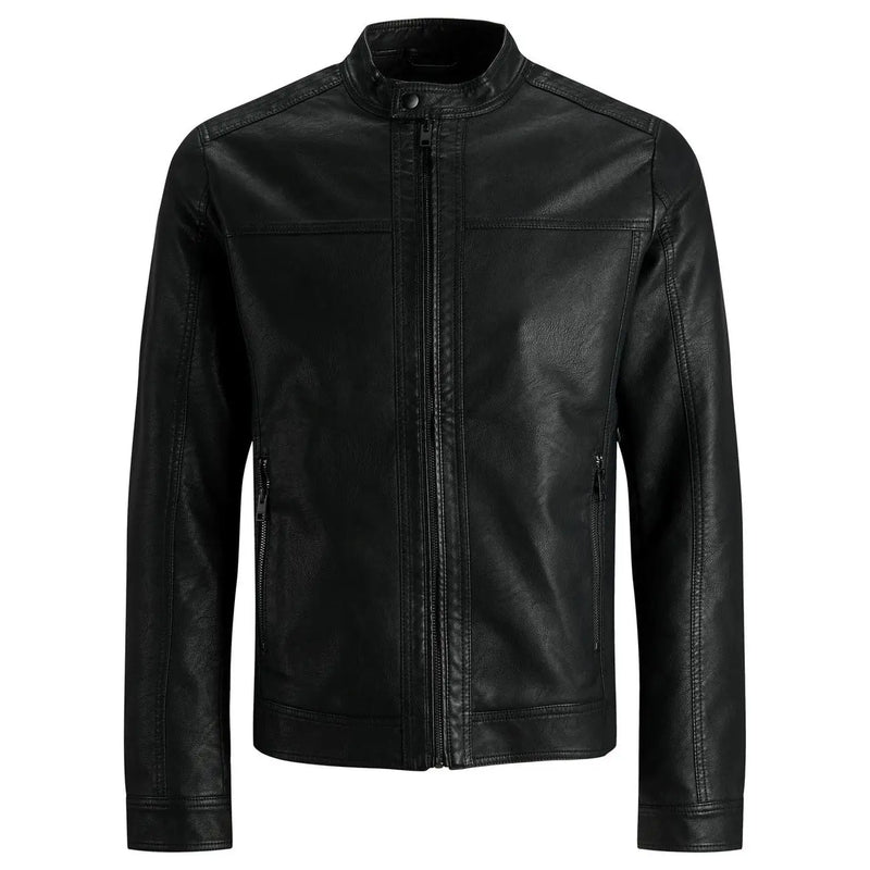 Jack and jones men black faux leather motorcycle jacket with stand-up collar and front zipper detail