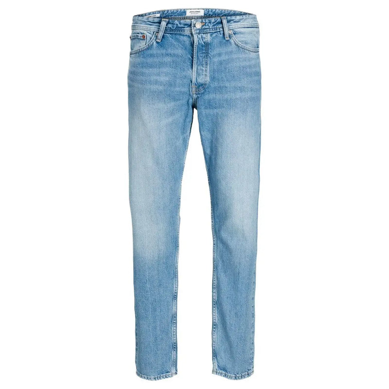 Light-wash straight-leg jack and jones men blue jeans in 100 percent cotton with tommy hilfiger label at waistband