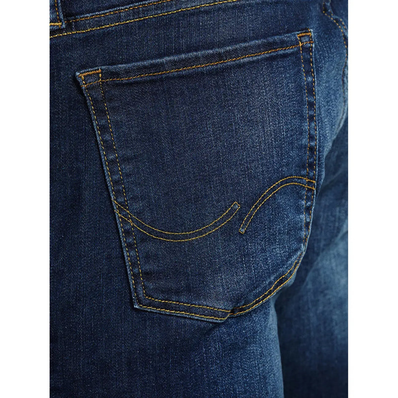 Back pocket of jack and jones men blue plain stretch denim jeans with yellow stitching and curved logo seam