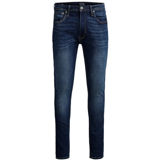 Dark blue slim-fit stretch denim jeans for men by Jack and Jones with classic five-pocket design and subtle fading