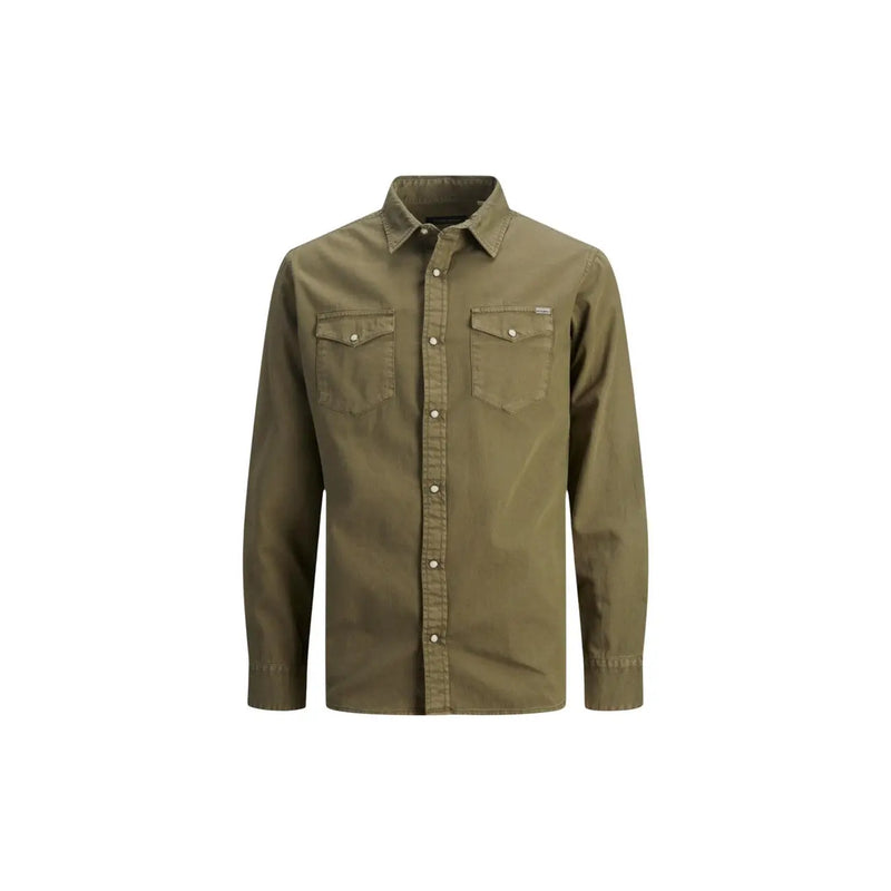 Jack & Jones Herrenhemd, olivgrün, langärmelig, aus Baumwolle, mit zwei Brusttaschen und Kragen
