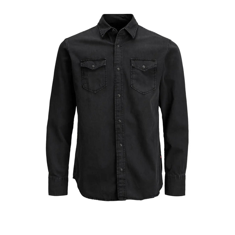 Schwarzes Jeanshemd mit Knopfleiste, zwei Brusttaschen und klassischem Kragen von Jack & Jones Herrenhemd