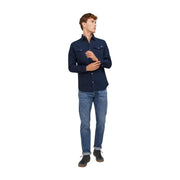 Navy blue long-sleeved button-up shirt with two chest pockets and subtle logo from Jack Jones men collection