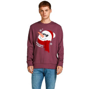 Maroon Jack & Jones men’s knit sweatshirt featuring festive snowman graphic with sunglasses and shake your flakes text