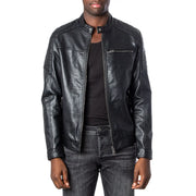 Men’s black faux leather biker jacket with stand collar and zippered pockets for Jack & Jones Fall Winter collection
