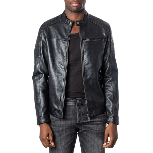 Men’s black faux leather biker jacket with stand collar and zippered pockets for Jack & Jones Fall Winter collection