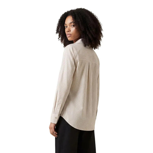 Jacqueline de Yong Damen-Baumwollbluse, beige, lang gestreift, mit Knopfleiste und lockerer Passform