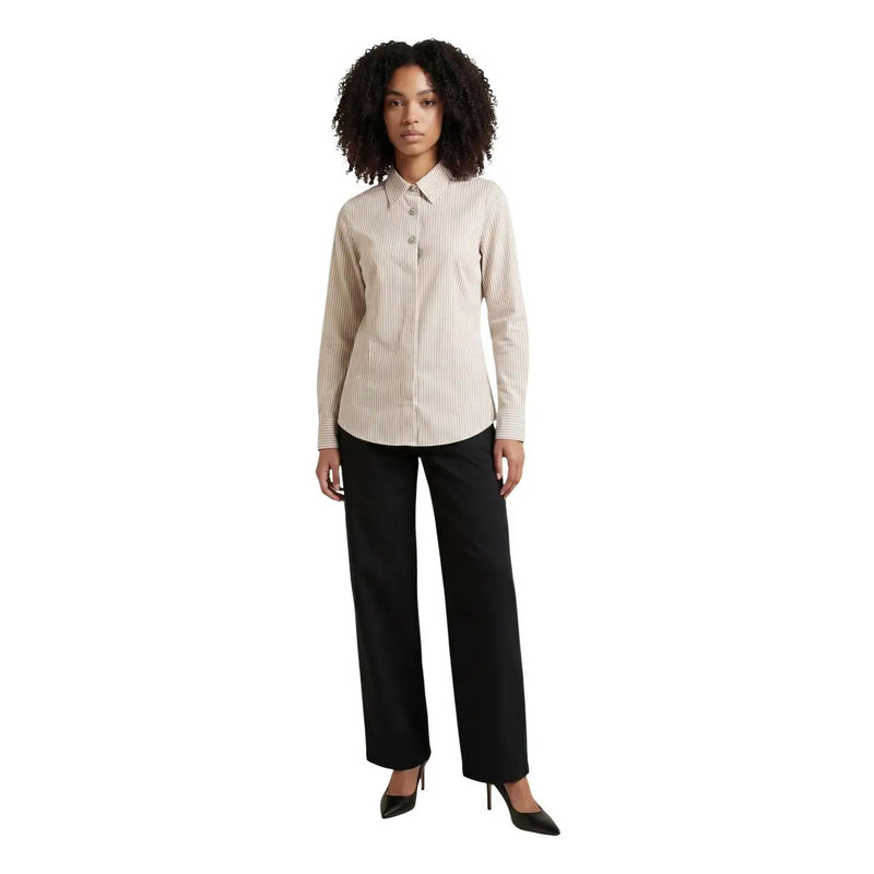 Beige-weiß gestreiftes, langärmeliges Baumwollhemd mit Knopfleiste für Damen von Jacqueline de Yong