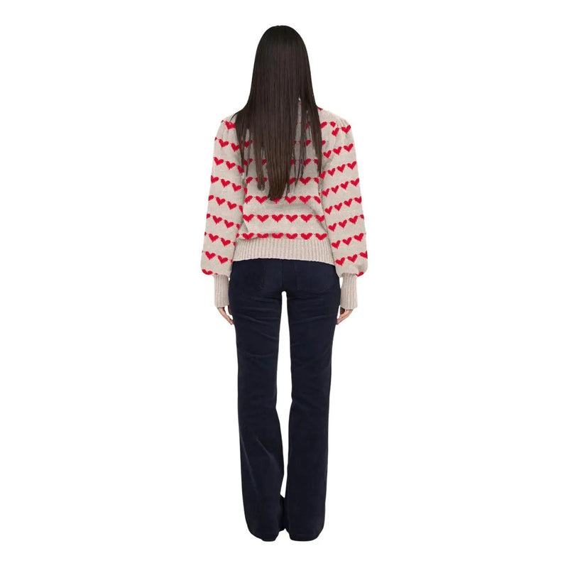 Jacqueline de Yong Damenpullover aus beigefarbenem Polyester-Strick mit rotem Herzmuster, langen Ärmeln und gerippten Bündchen