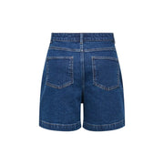 Rückansicht von Jacqueline De Yong Damen-Jeansshorts aus blauer Baumwolle mit hohem Bund und zwei Gesäßtaschen.