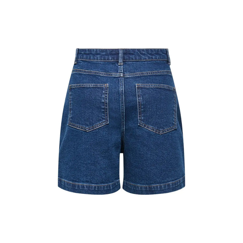 Rückansicht von Jacqueline De Yong Damen-Jeansshorts aus blauer Baumwolle mit hohem Bund und zwei Gesäßtaschen.