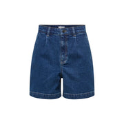 Jacqueline De Yong Damen-Shorts aus blauem Denim-Baumwollstoff mit hohem Bund, mittelblauer Waschung, sichtbaren Nähten und Knopfverschluss