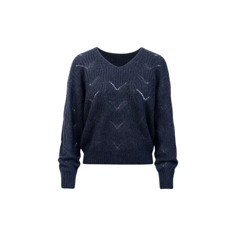 Jacqueline De Yong Damen-Strickpullover in Blau mit Glitzer, marineblauem V-Ausschnitt und Chevron-Muster aus Strickstoff