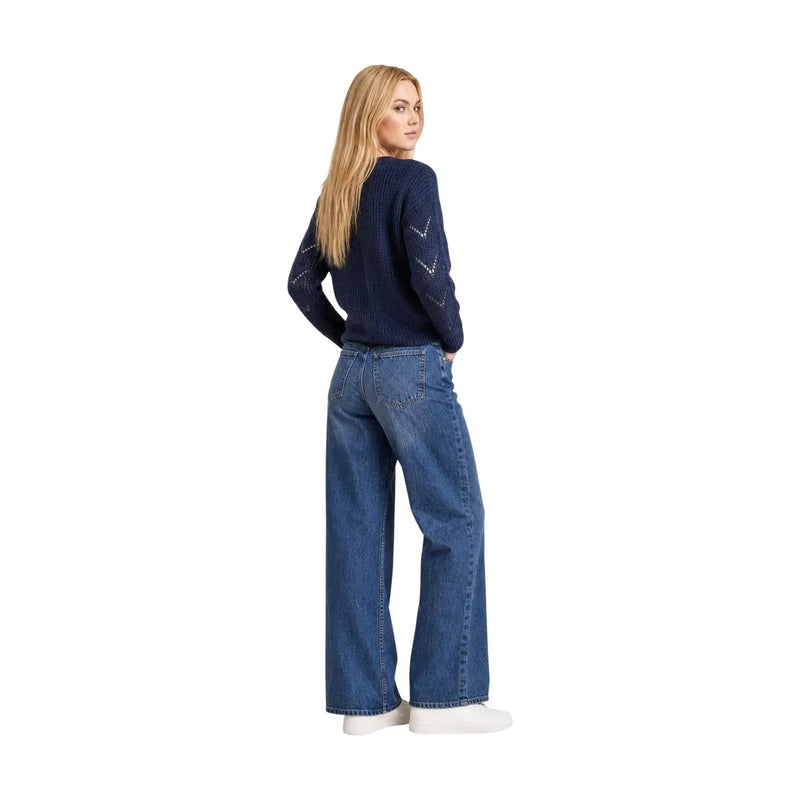 Jacqueline de Yong Damen-Strickpullover in Marineblau mit Glitzer, strukturiertem Muster und Ärmelverzierungen
